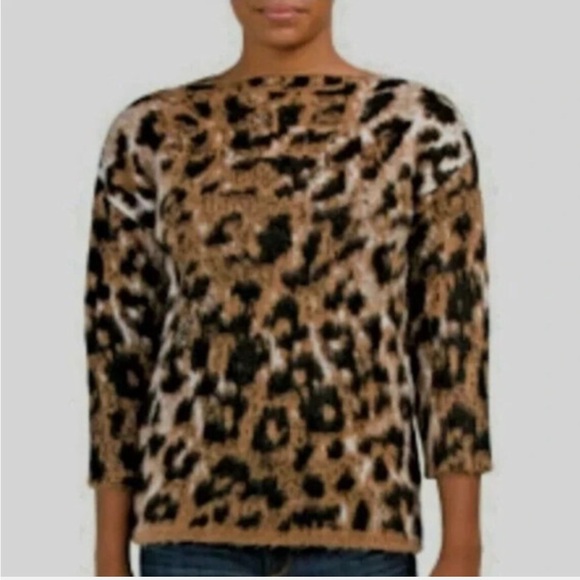nwt Anthropologie Lineamaglia Italian Mohair Boxy Sweater Leopard Black Tan XS - Picture 1 of 16